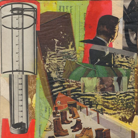 Treasurer. Mixed media collage on 300 lb. cold-pressed 100% rag paper with original vintage ephemera. 7 x 7 inches. 2013.