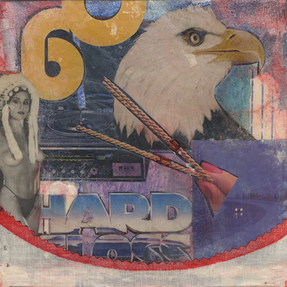 Hard Gloss. Mixed media collage on 300 lb. cold-pressed 100% rag paper with fabric and original vintage ephemera. 7 x 7 inches. 2014.