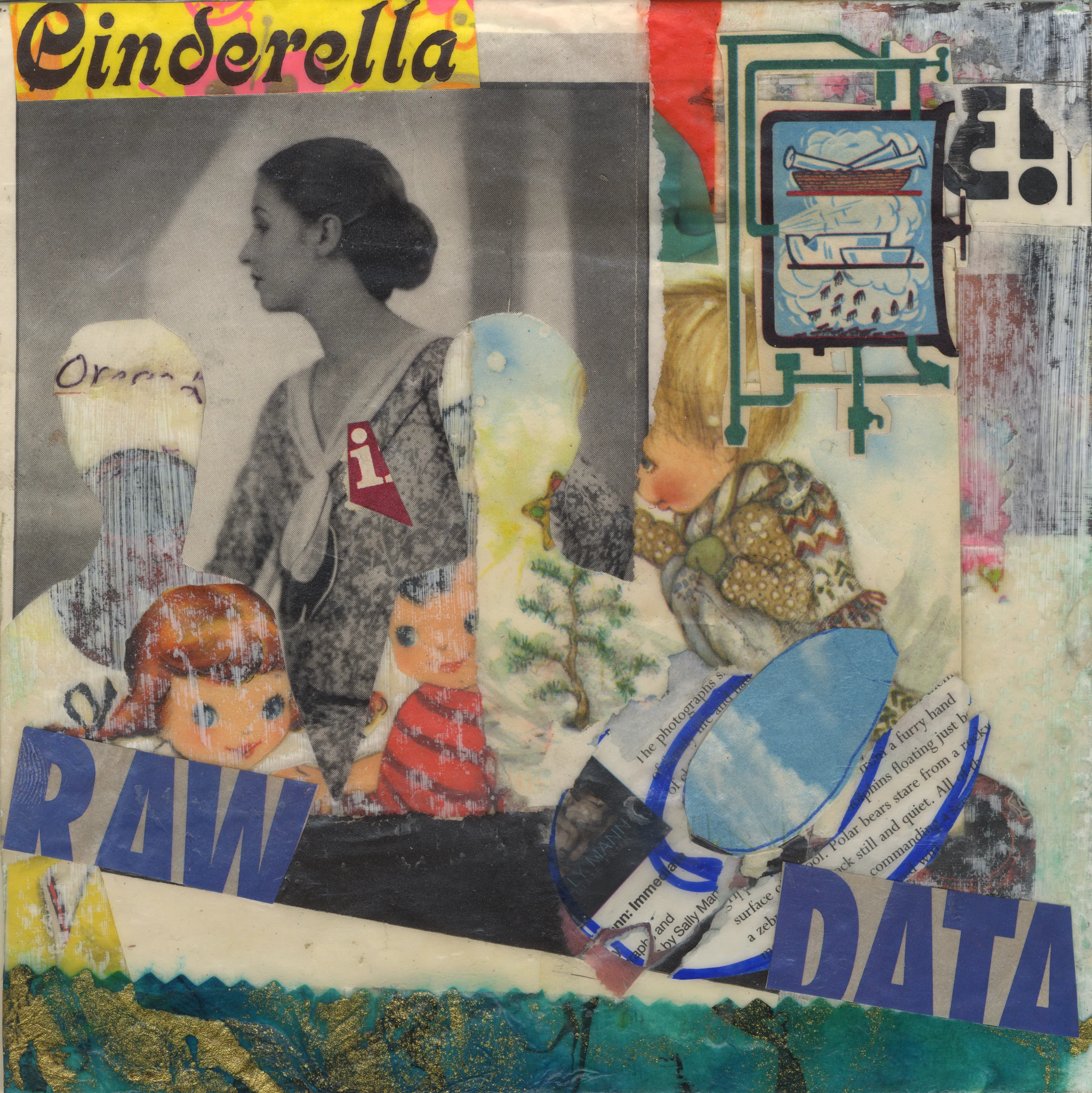 Cinderella. Mixed media collage on 300 lb. cold-pressed 100% rag paper with original vintage ephemera. 7 x 7 inches. 2014.