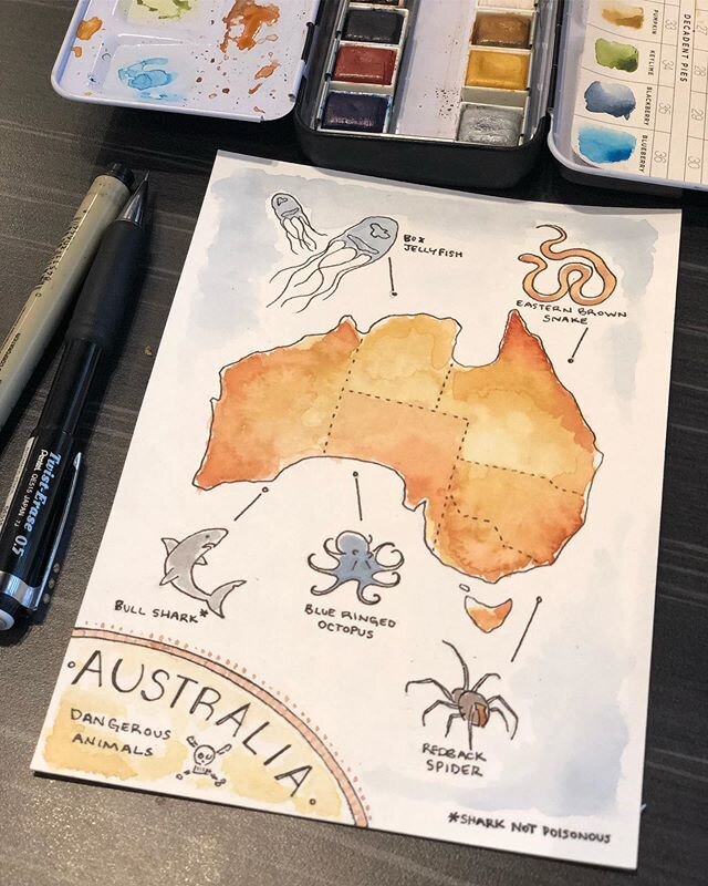 #watercolorwarriors Australia Edition! Today&rsquo;s theme was Poison 🧪 Went for an ode to Australia and all of its dangerous, mostly poisonous things ☠️
&bull;
&bull;
&bull;
&bull;
#watercolor #australia #sharkdrawing #spiderdrawing #octopusdrawing