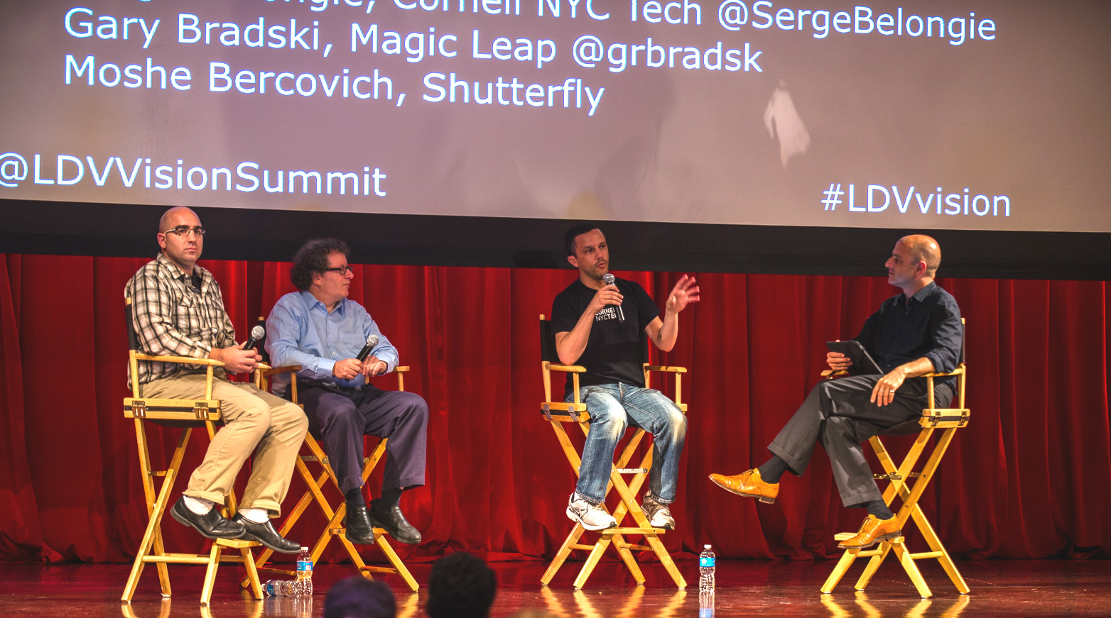 LDV Vision Summit 2014. How will image recognition disrupt businesses and empower humanity? How can we inspire more researchers to bring their visions to market? Moderator: Evan Nisselson Panelists: Serge Belongie, Professor, Cornell NYC Tech, Computer Vision Expert; Gary Bradski, Magic Leap, VP Computer Vision & Machine Learning; and Moshe Bercovich, Shutterfly, GM Israel. ©Dan Taylor