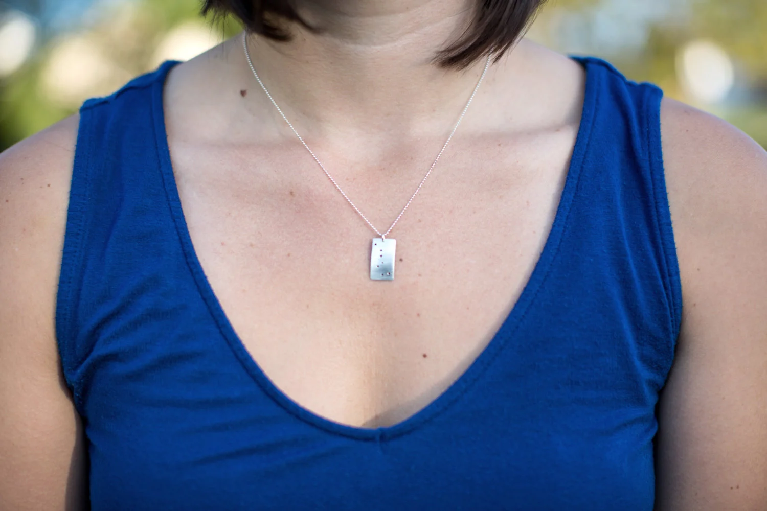 Big Dipper constellation sterling silver rectangle necklace on model