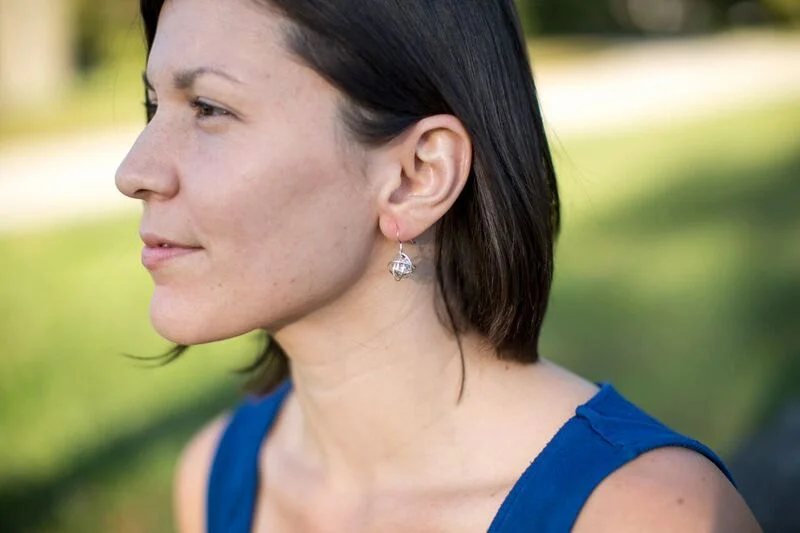 14k rose gold fill wrapped wire ball earrings on rose gold filled earwires on model