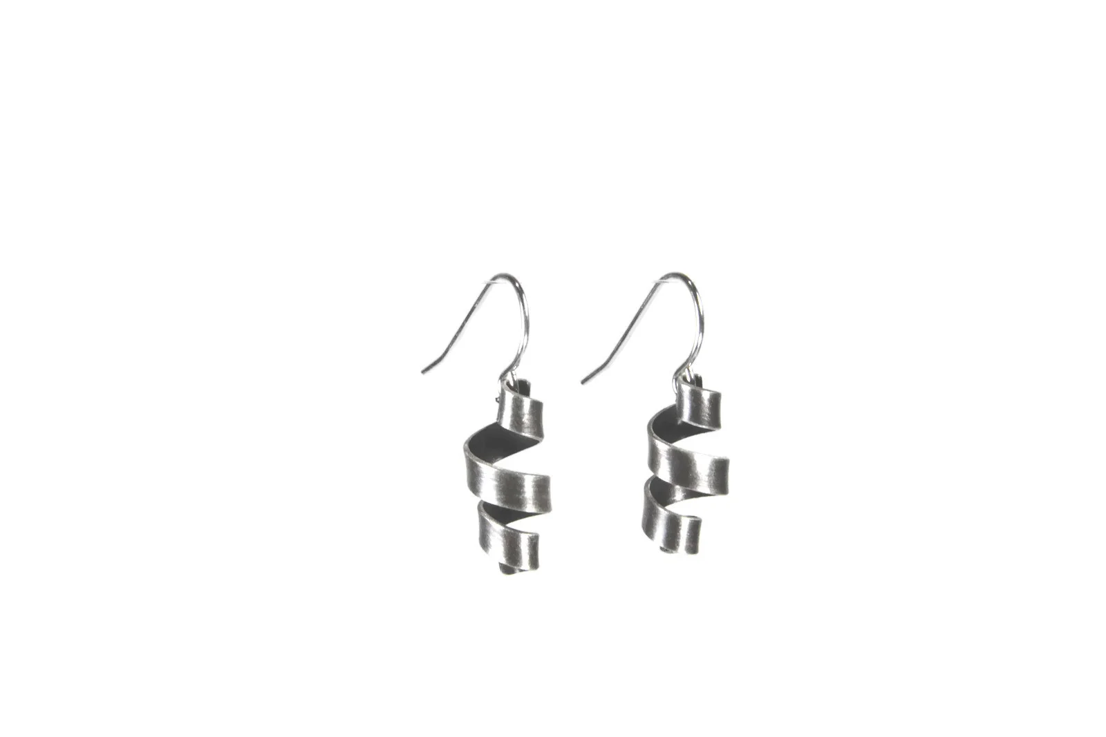 Earrings are a strip of antiqued silver twisted into a corkscrew curl shape. The silver is darkened to grayish-black with hints of silver showing through a brushed finish. Small curl size shown.