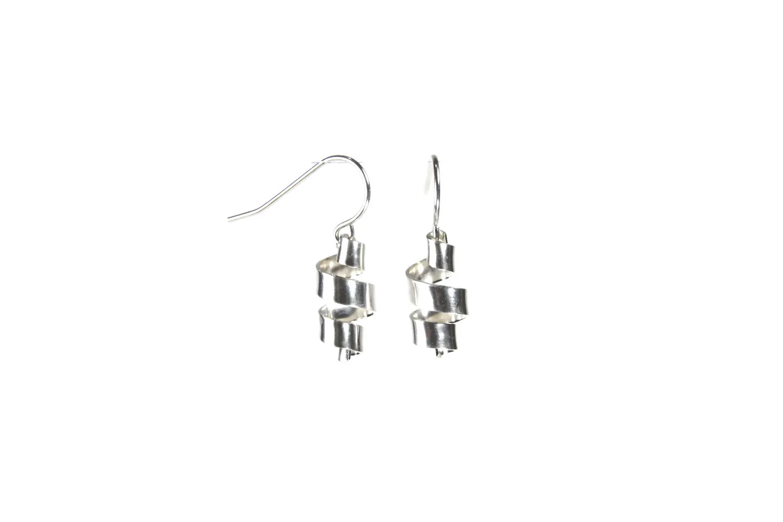 Earrings are a strip of bright silver twisted into a corkscrew curl shape. The silver is shiny and smooth with a lightly brushed finish. Earring wires are silver french hooks. Small curl size shown.