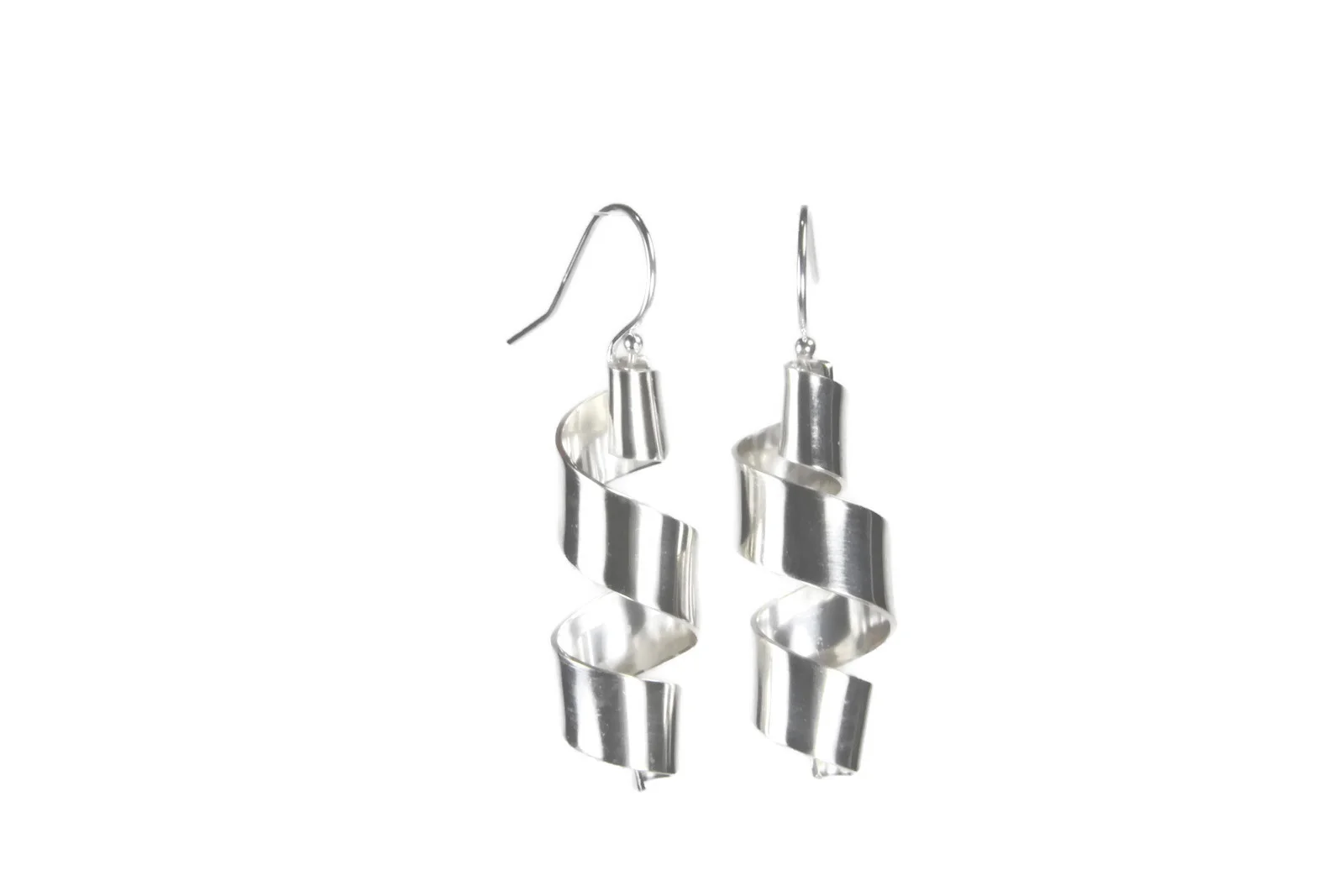 Earrings are a strip of bright silver twisted into a corkscrew curl shape. The silver is shiny and smooth with a lightly brushed finish. Earring wires are silver french hooks. Large curl size shown.
