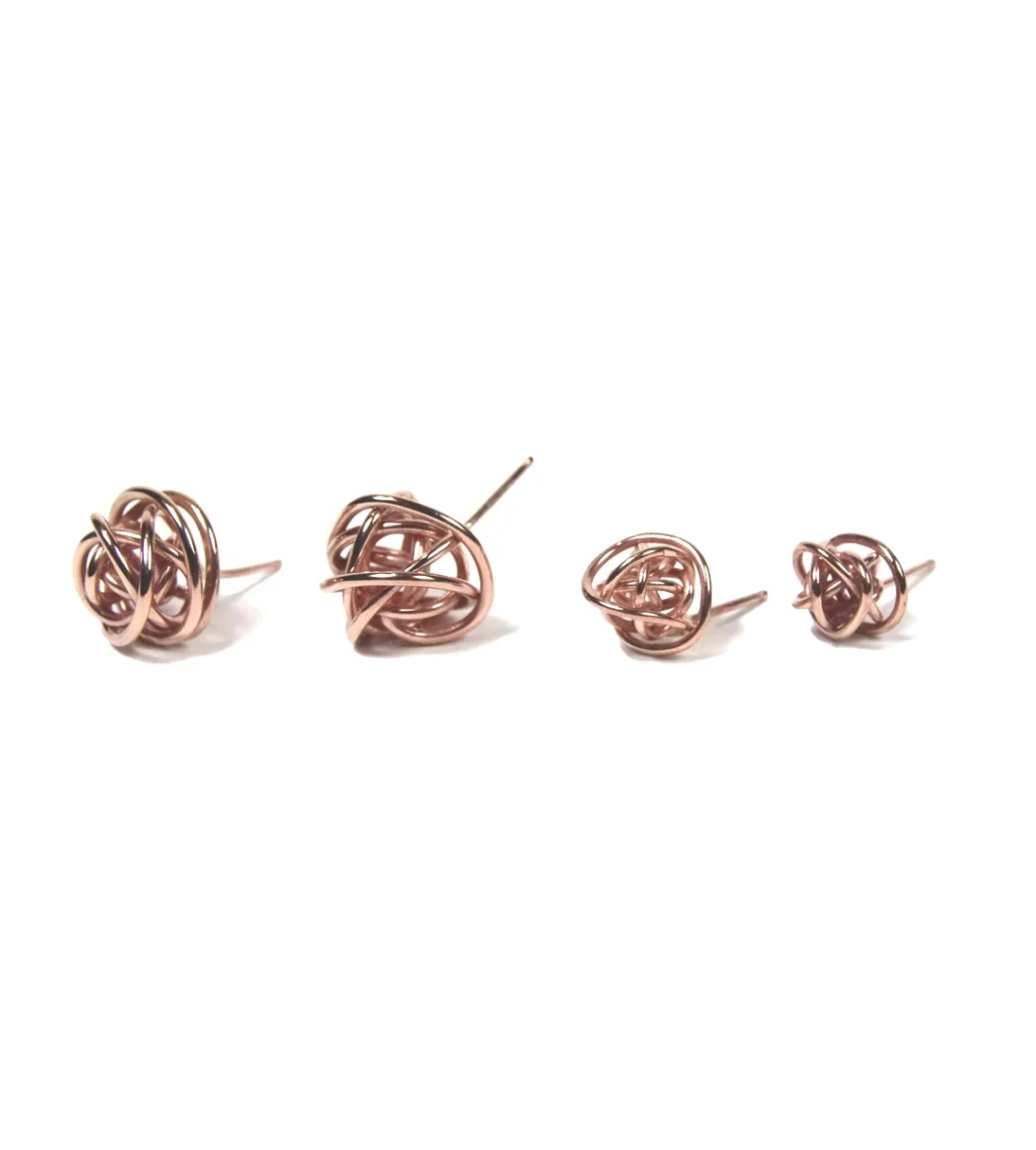 Scribbles and Tiny Scribbles stud earrings in 14k rose gold wire wrap ball