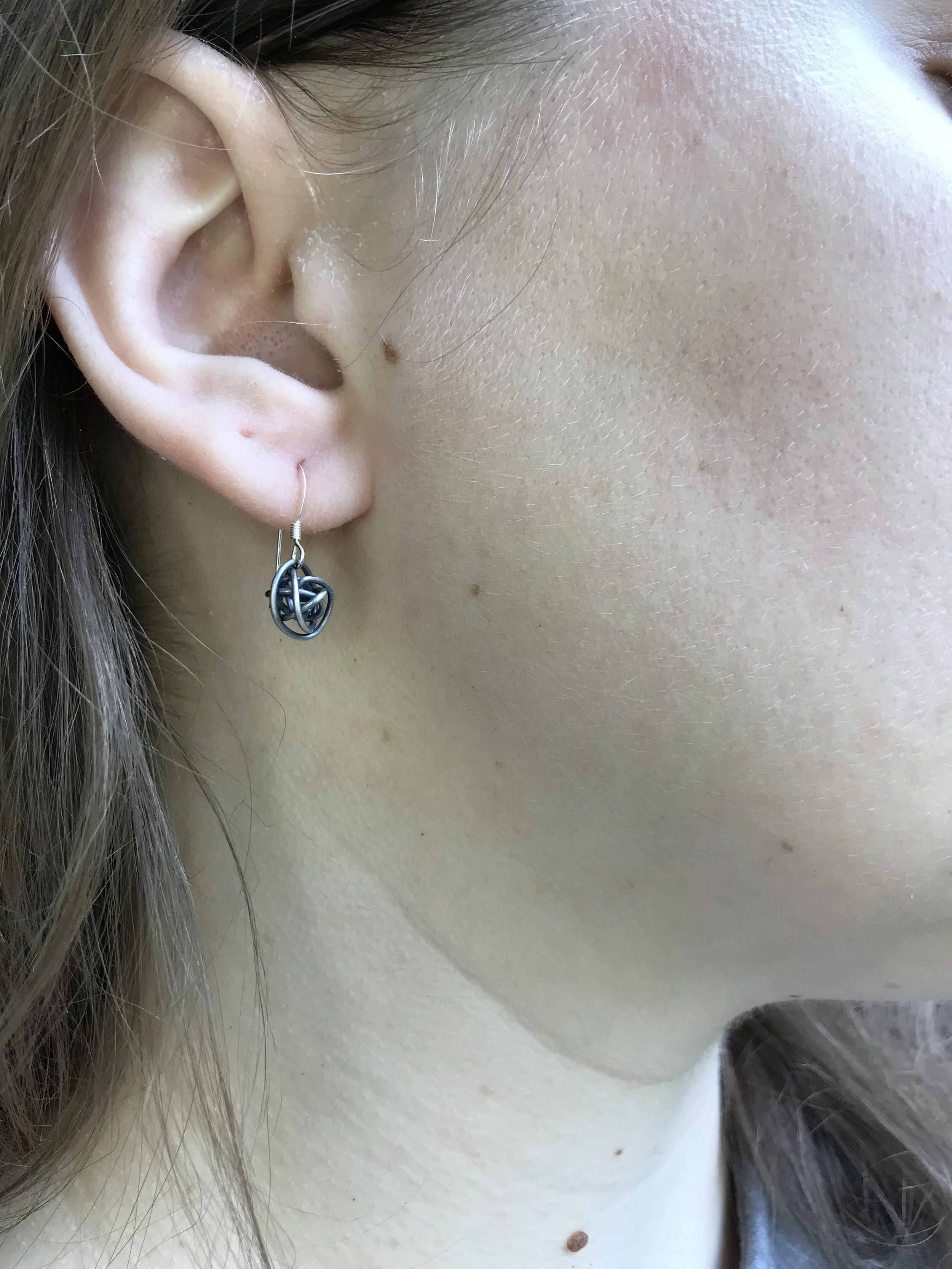 Tiny Scribbles antique sterling silver earrings without dangle chain on model