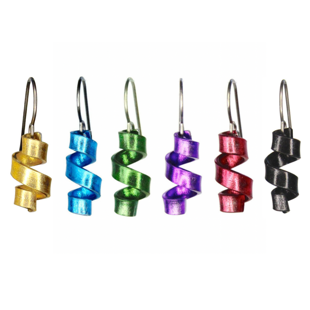 Earrings are a strip of colorful anodized aluminum twisted into a corkscrew curl shape. Yellow, turquoise, green, purple, red, and black options are shown. Earring wires are gray French hooks.