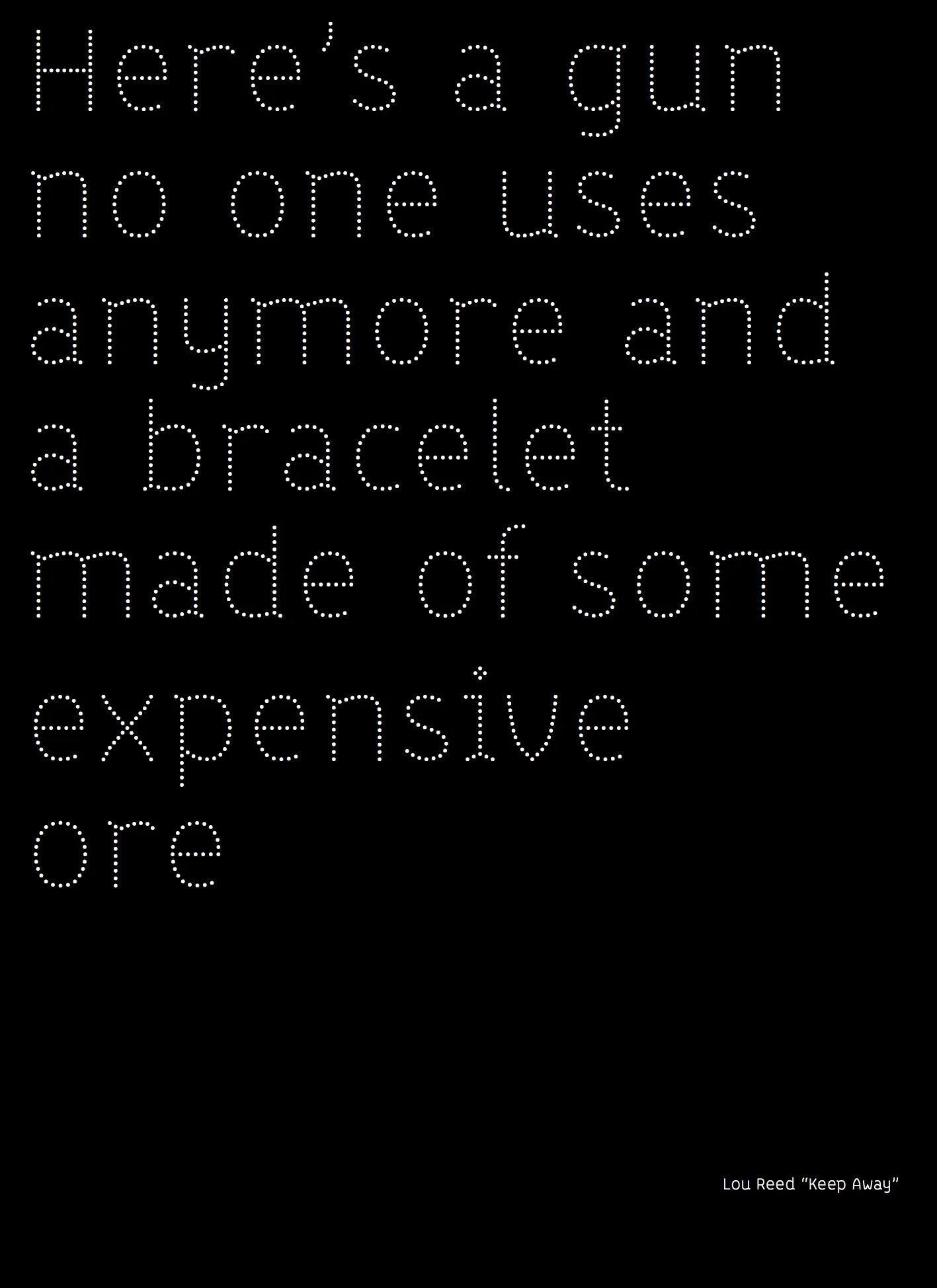 Layout created for ICONOfly, diary of a Bracelet - echoing the words of "Keep Away" -- as approved by Lou Reed early 2009