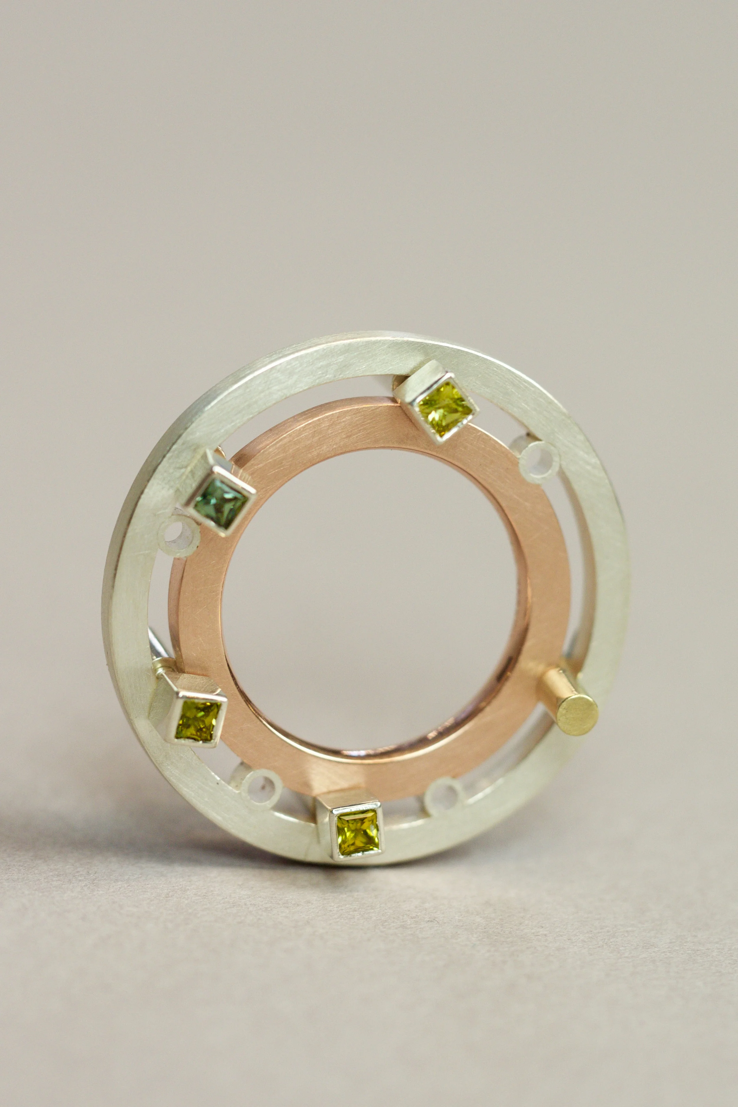 Space Needle, 9ct Rose and Yellow gold, Sterling Silver, Blue, Green and Yellow Australian Sapphires.