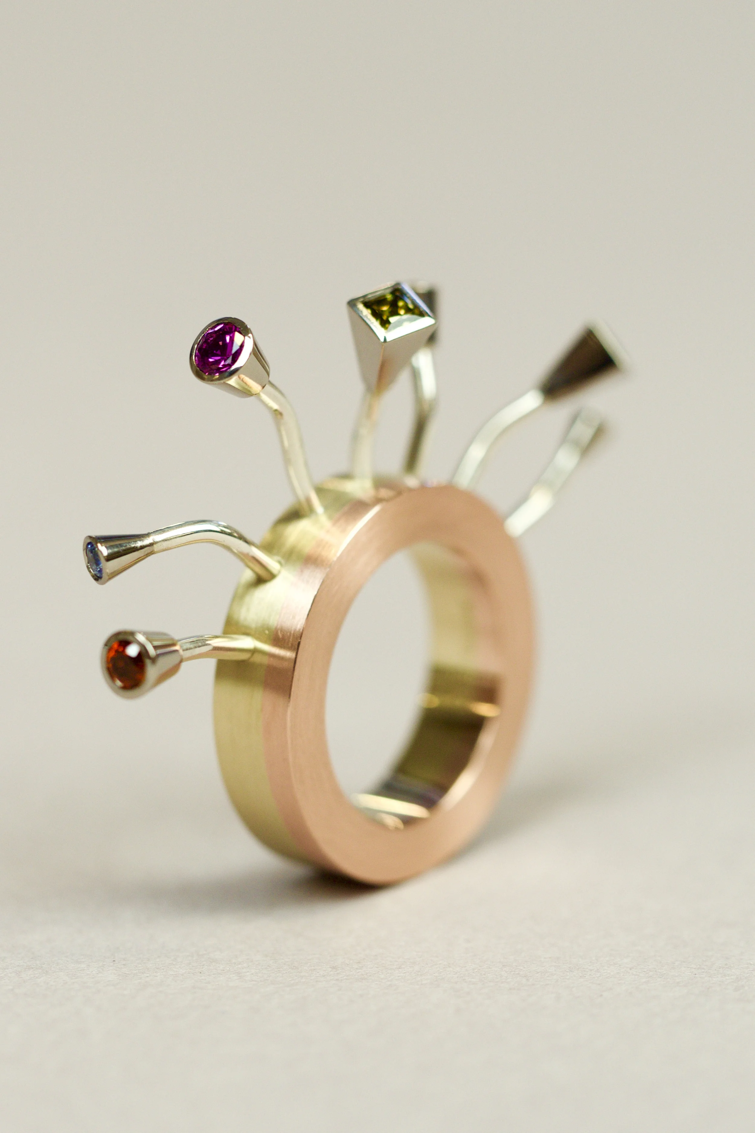 Gopuram Temple, 9ct Yellow, White and Rose Gold, Sterling Silver, Pink, Green, Blue Australian Sapphires, Mandarin and red Garnets.