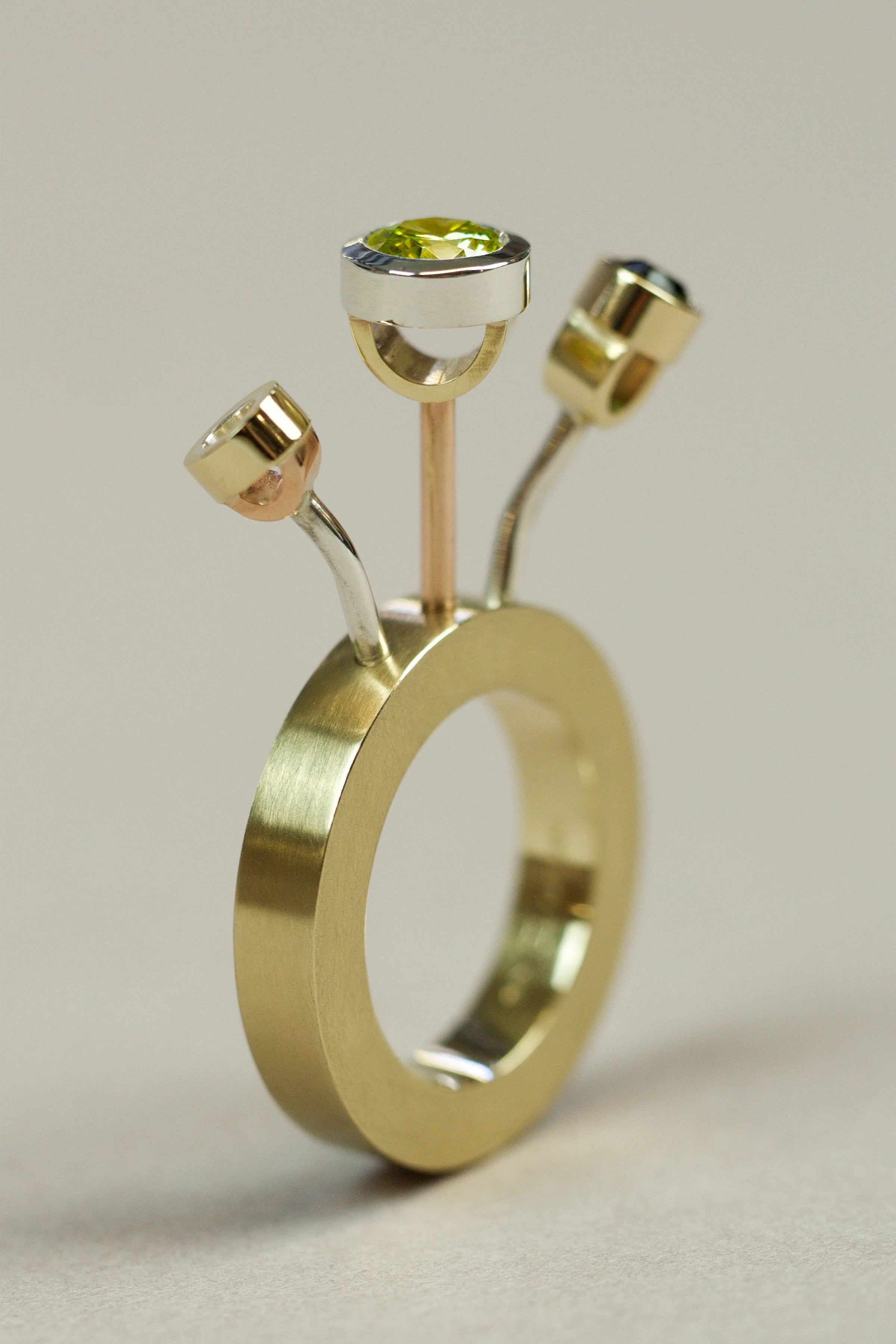Dancing House, 9ct Yellow and Rose Gold, Sterling Silver, Gloucestershire Garnet and a Green Sapphire.