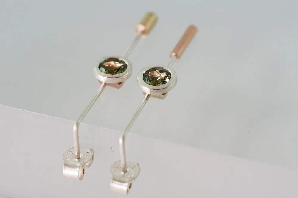 Pendulum Earrings, 9ct Yellow and Pink Gold, Sterling Silver with Green Tourmalines. 