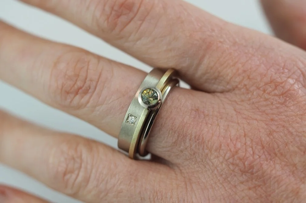 Stacked Ring Set, 9ct and 18ct Yellow and White Gold with Sapphire and a diamond.  