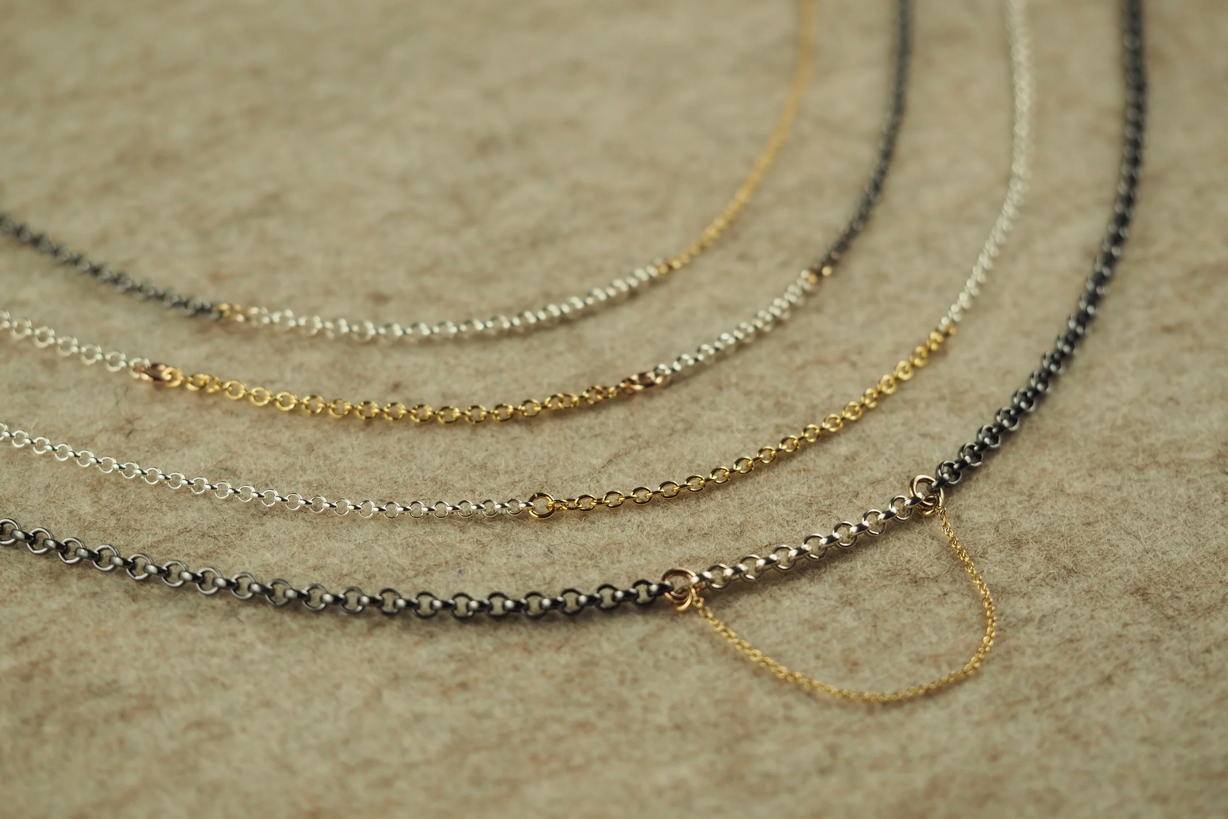Odds and Ends Chain Collection, 9ct yellow Gold and Sterling Silver- Brushed and oxidised. 