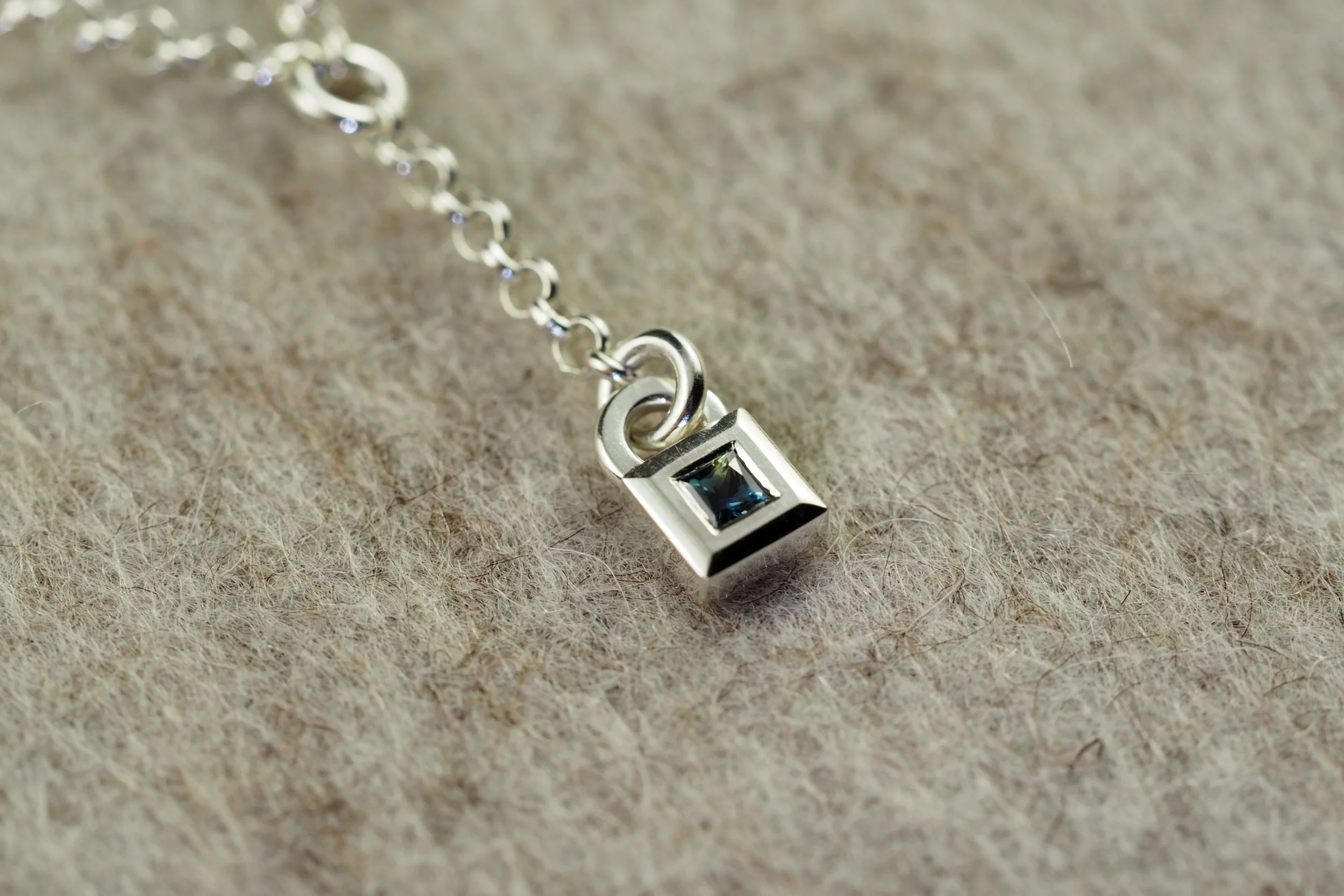 Sqaure pendant, Sterling Silver with A Australian Sapphire.  