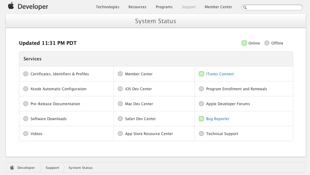 Apple Developer Status Page