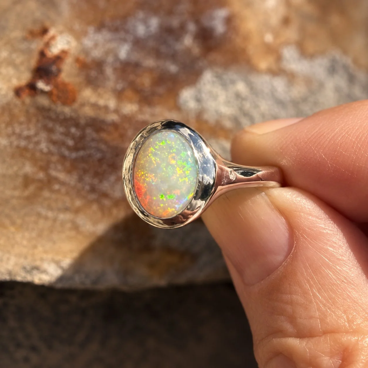 Amaranth opal and diamond silver ring – handmade in Lyme Regis, Devon, front view