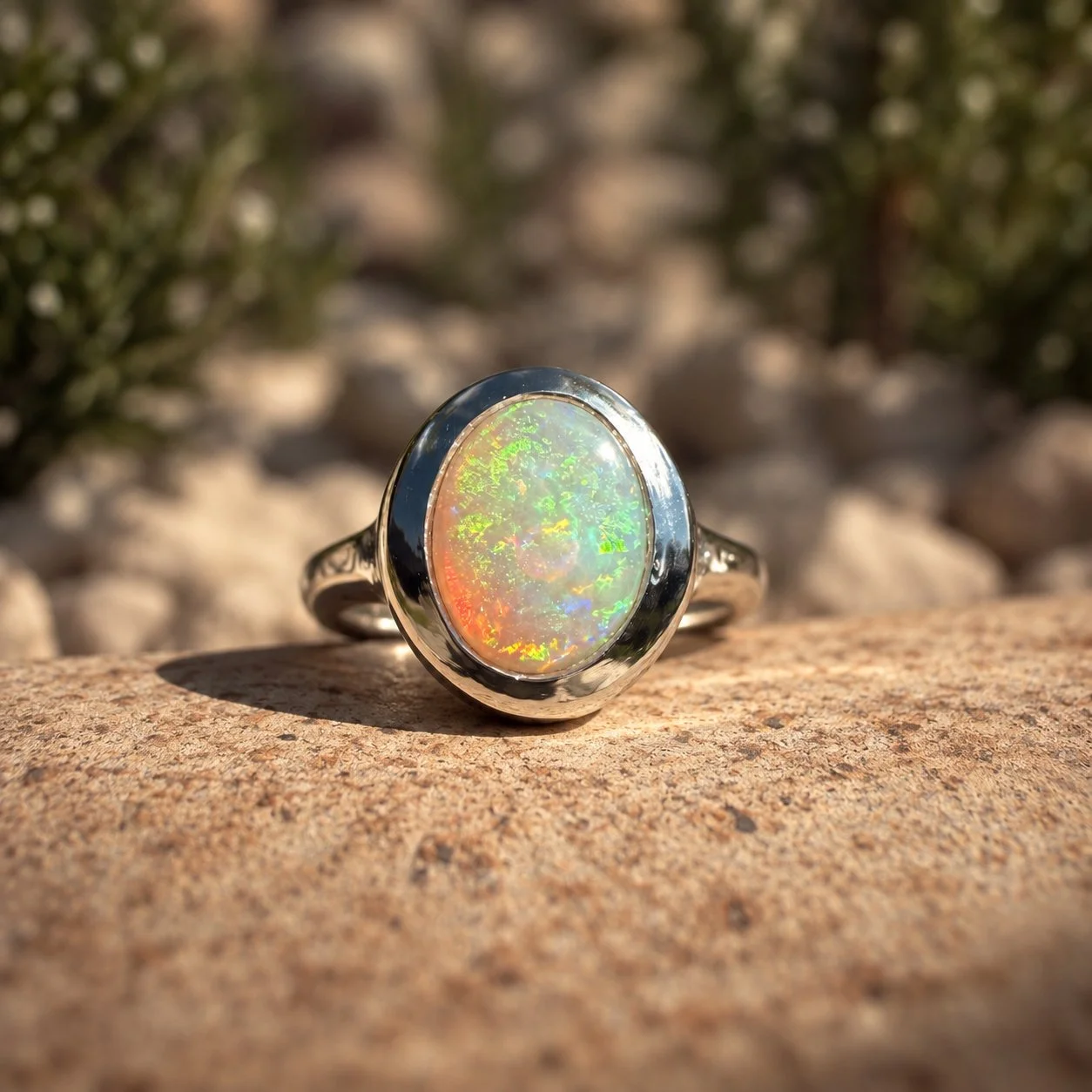 Amaranth opal and diamond silver ring – handmade in Lyme Regis, Devon, front view