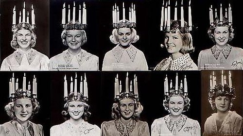Vintage photos of traditional, and actually lit, St. Lucia crowns. Nowadays they use lights instead of fire for the candle crowns.