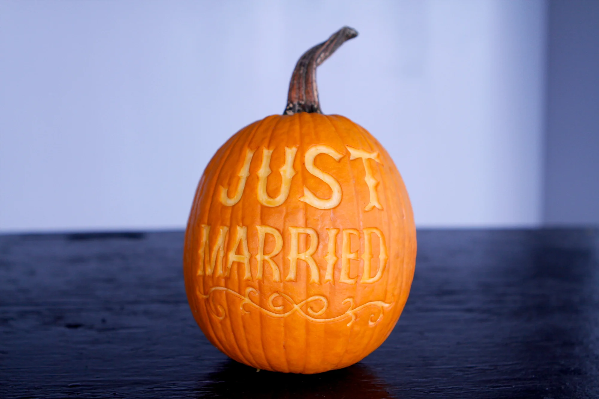 "Just Married" sugar pumpkin for wedding photos.