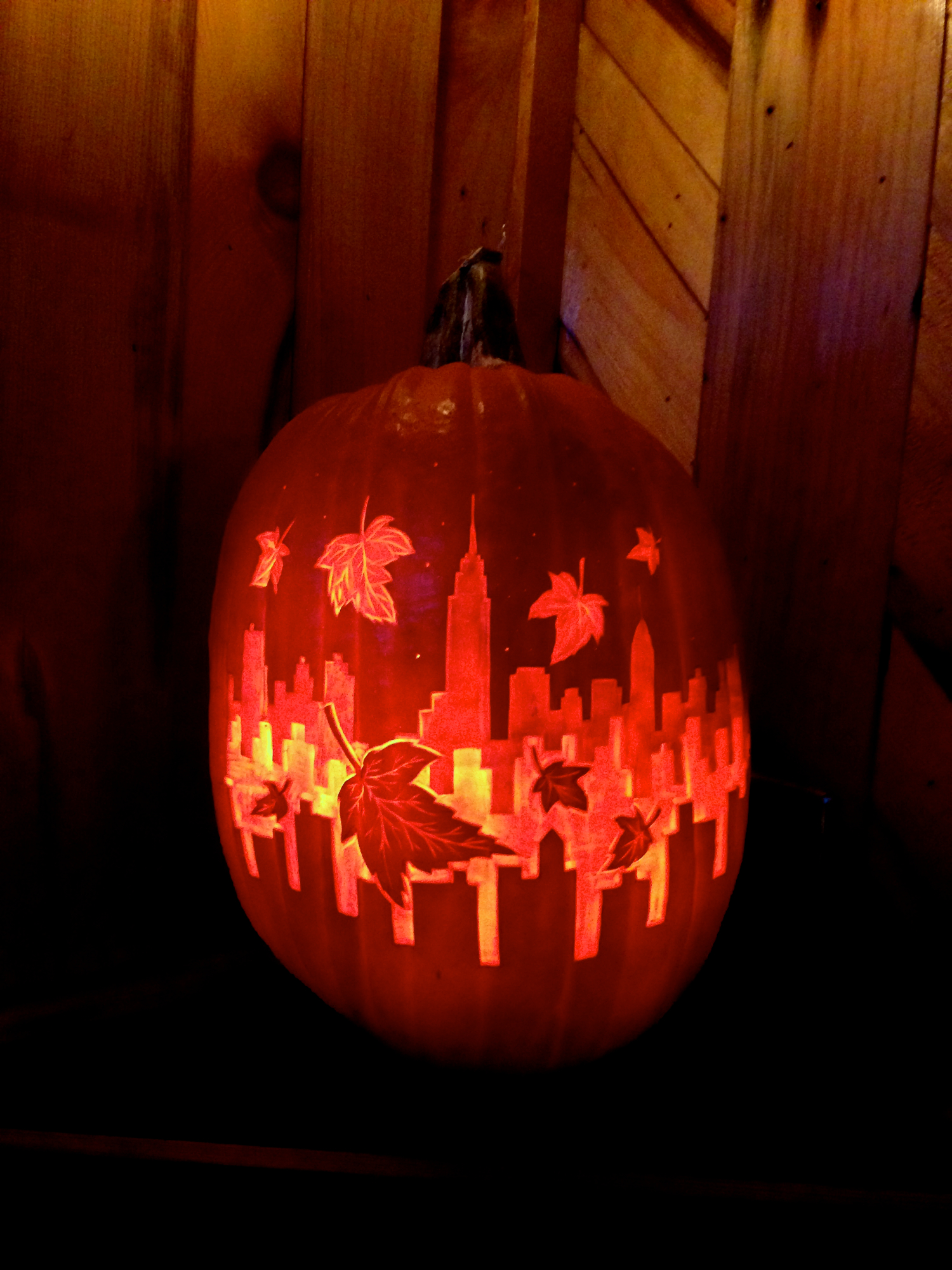 Extra Large pumpkin with NYC Skyline with foliage.