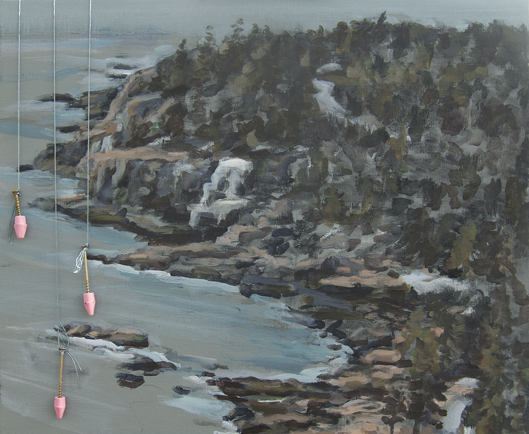 Acadia, Otter Cliffs, Erasing the park with pink erasers.  Acrylic, charcoal, embroidery thread, screws, erasers. 20 x 24 in. 2015.