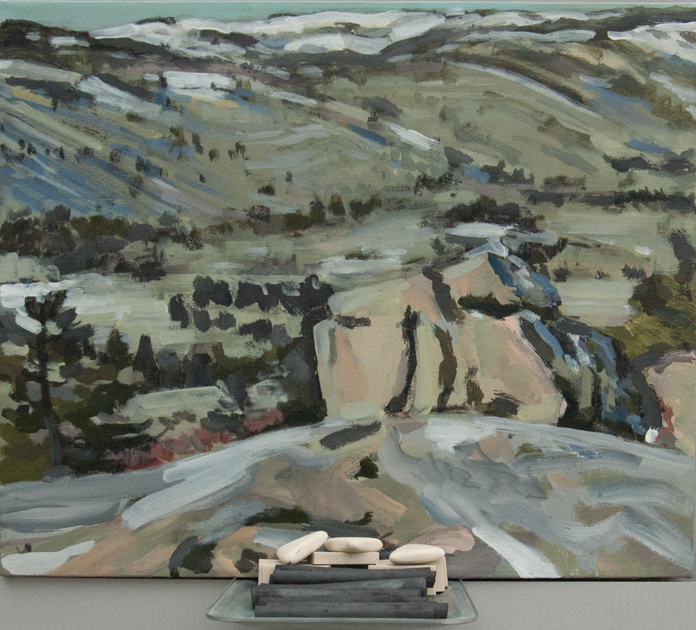 Erasable 4: View of Cadillac from Gorham Summit. Acrylic, charcoal, metal tray, erasers, charcoal sticks. 20 x 24 in. 2016.