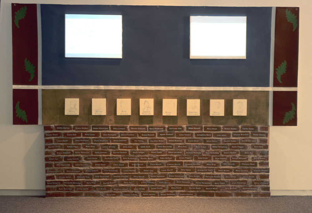 Memorial Wall to Colby Women, 1875-1900. Acrylic, collage on paper; 2 dvds projected onto canvases, bricks collaged vinyl names, 8 silverpoint drawings. Installation 10 November – 31 December 2006.