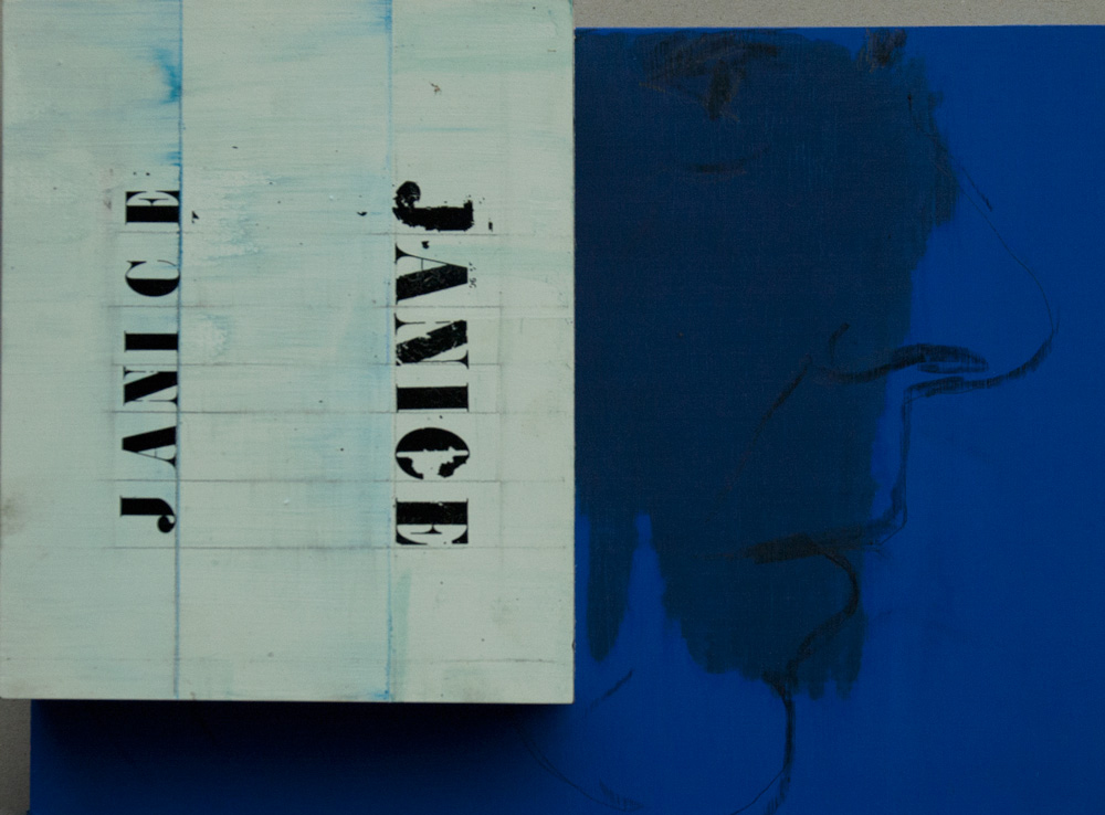Interactive portrait (closed): Janice Seitzinger (now Kassman) Dean of Students 1977-2012. 2014. Oil, charcoal, bricks, collage, wax, hinges, on 2 panels. 12 x 16 in.