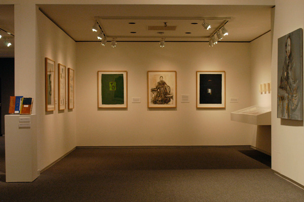 Small room installation with vitrine, Hidden Histories exhibition, Colby Museum. 2012.