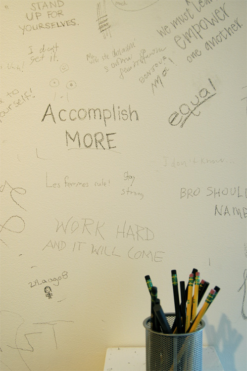 Museum goers' writing on wall, Faculty Group show, Colby Museum. 2008.