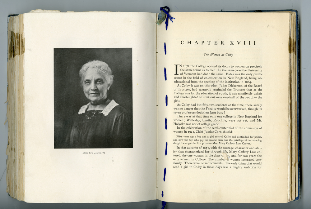 Chapter on women, sewn together, from Inner Cover of Altered History of Colby College by Edwin Carey Whittemore. 2007