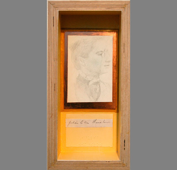 Julia Ella Winslow 1886, signed 1890 protest pamphlet, Coeducation at Colby. 2007. Silverpoint (fugitive) on copper plate, names in braille, collaged signatures, ampersand panel. 12 x 6 in.