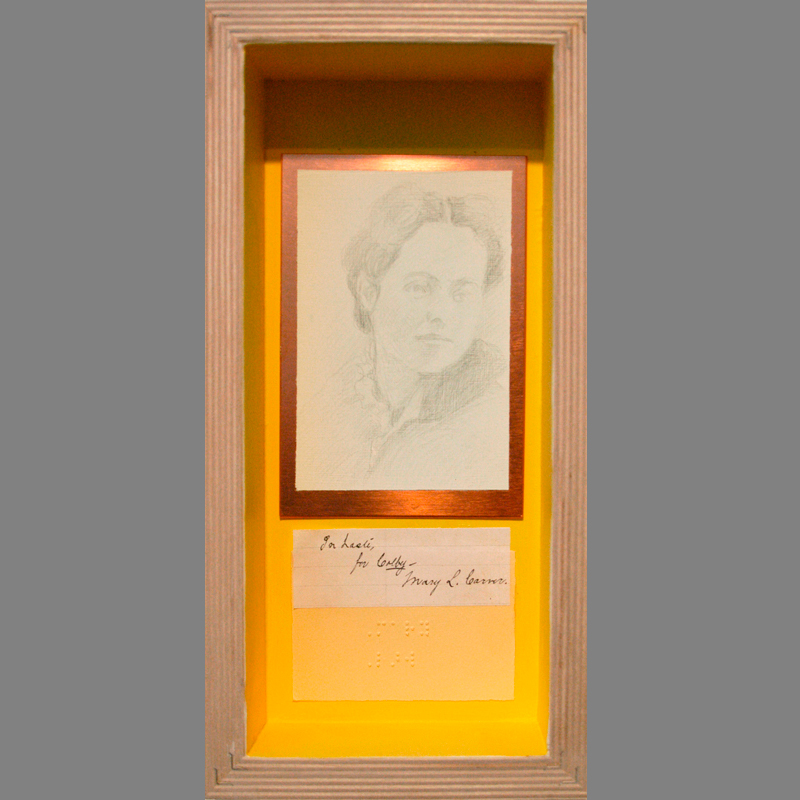Mary Low Carver, 1875, author of pamphlet “Coeducation at Colby.” 2007. Silverpoint (fugitive) on copper plate, names in braille, collaged signatures/reverse of deep cradled ampersand panel. 12 x 6”