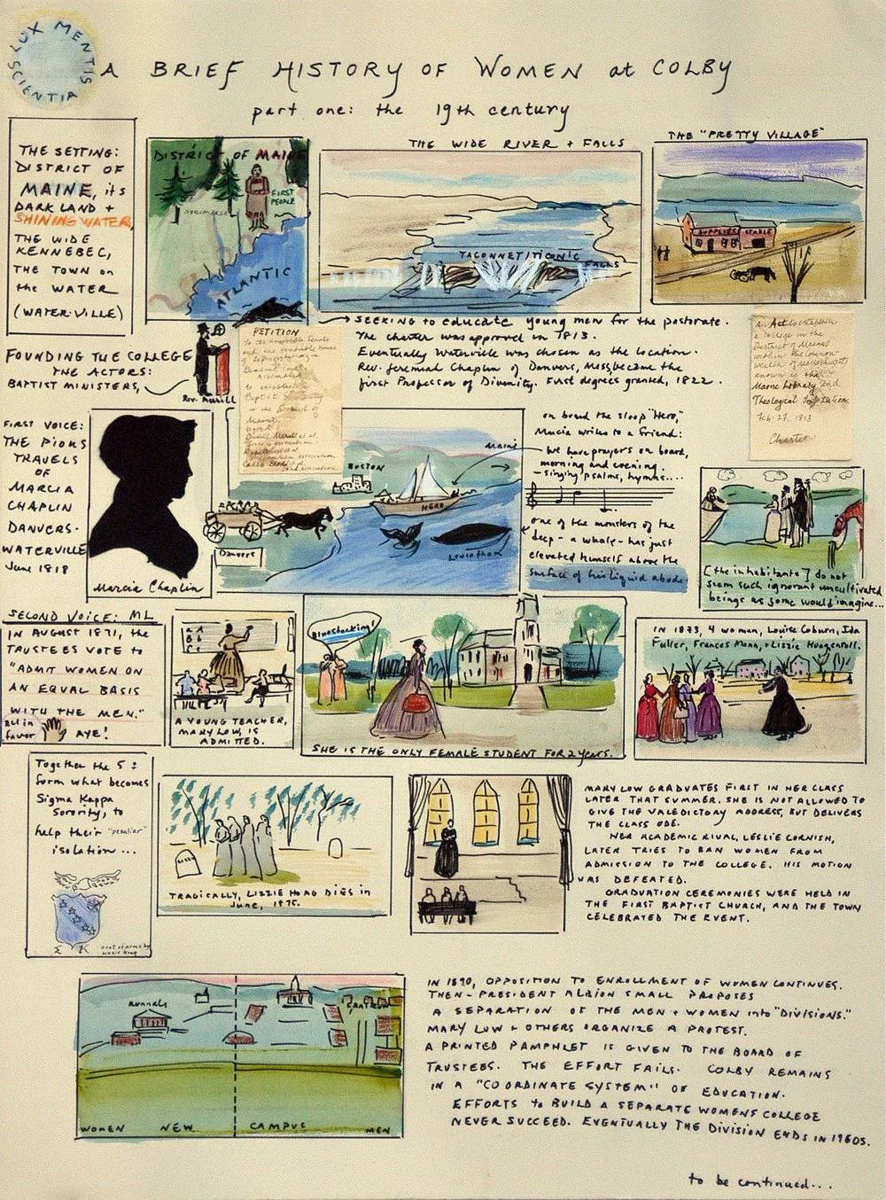 Storyboard Brief History of Women at Colby. Graphite, coffee, watercolor, sharpie on paper. 30 x 22.5 in. 2012.jpg