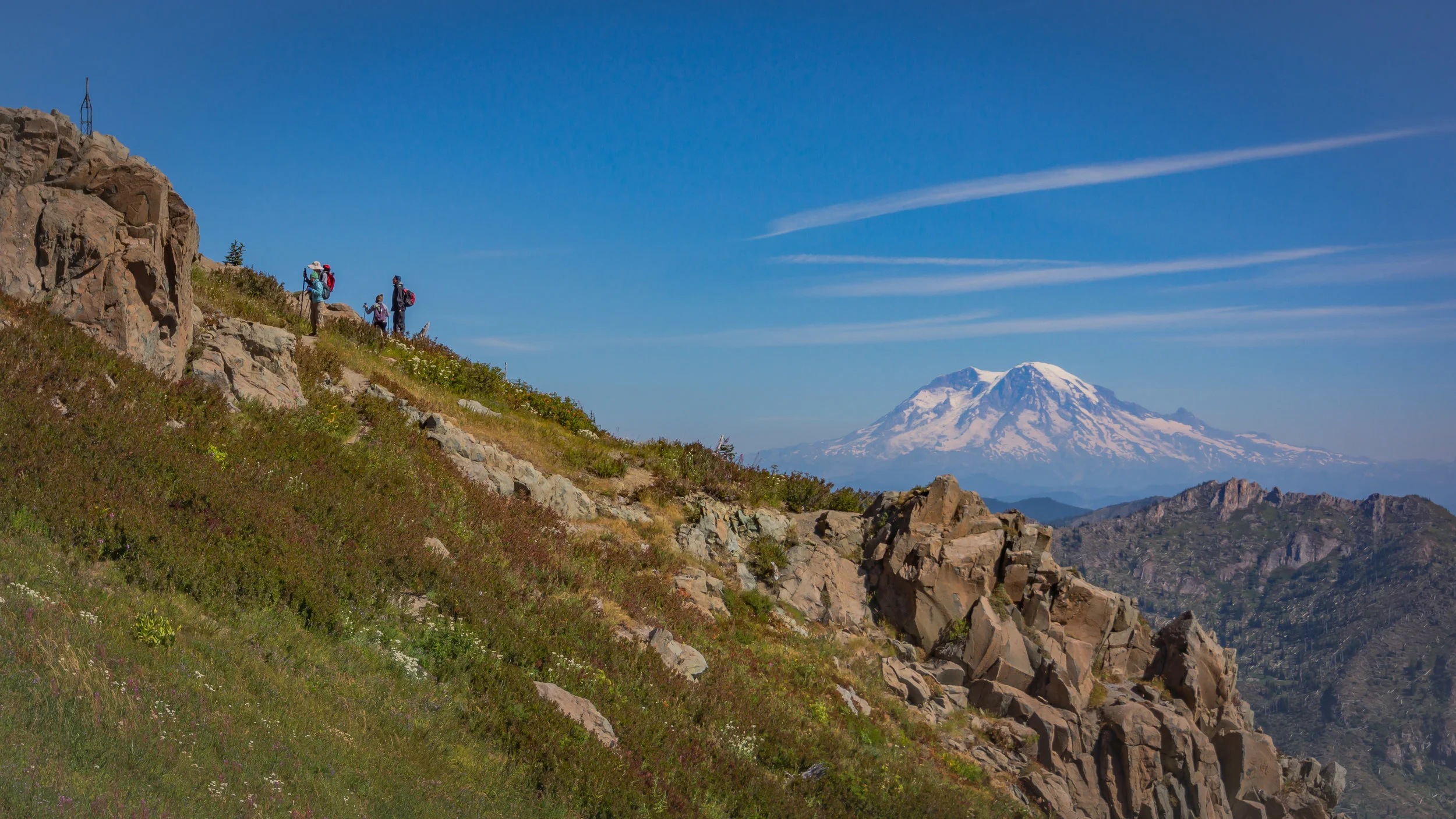 Members of our group atop Coldwater Peak, with Mount Rainier.