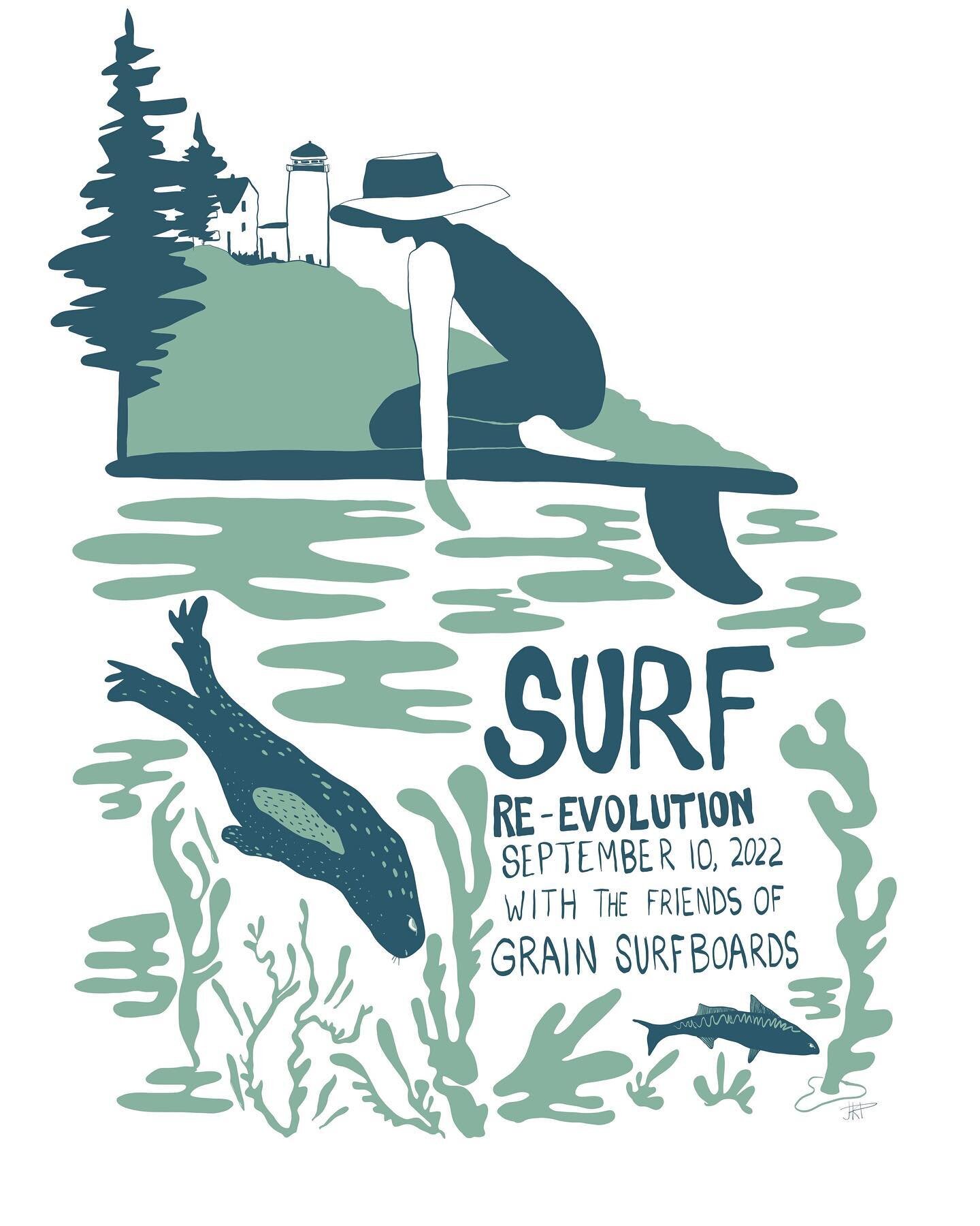 Two versions of an event flyer for @grainsurfboards Surf Re-Evolution in a couple of weeks! There will be live printing of the single color version (second slide) at the event, or you can order a shirt through Grain! I&rsquo;ll have some work for sal