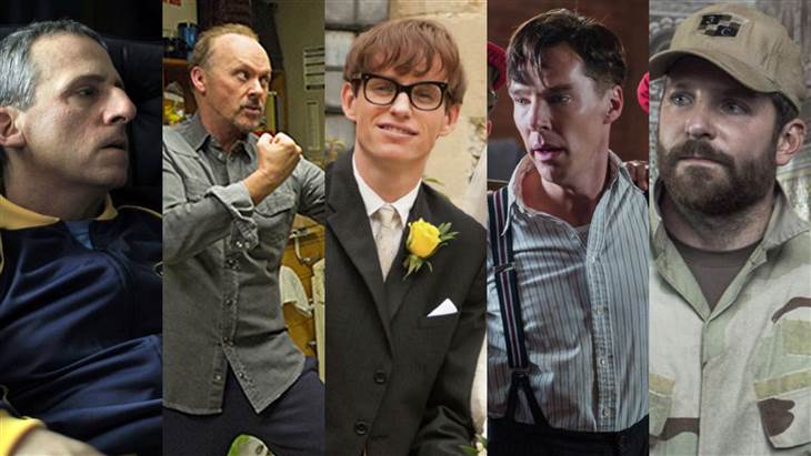 Steve Carell, “Foxcatcher” Bradley Cooper, “American Sniper”Benedict Cumberbatch, “The Imitation Game” Michael Keaton, “Birdman or (The Unexpected Virtue of Ignorance)” Eddie Redmayne, “The Theory of Everything"