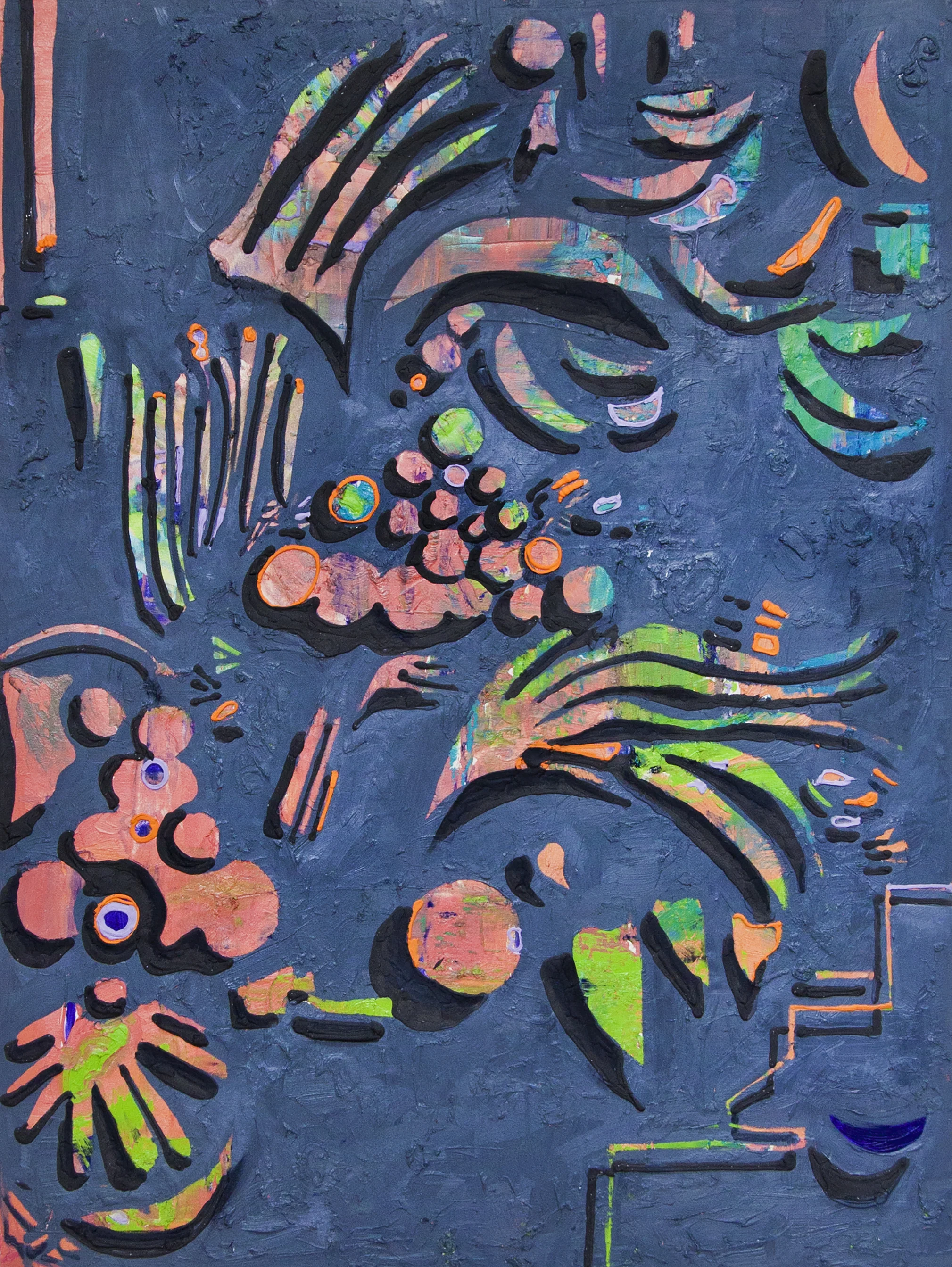 W/E modeling paste, ink, oil on canvas 48 x 36 in