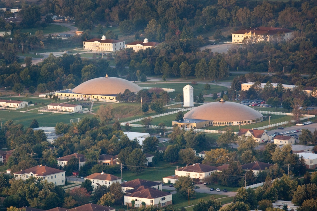 Aerial view of the two meditation domes in Fairfield, Iowa.