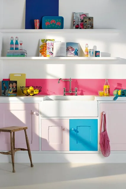 kitchen with pop of blue and red