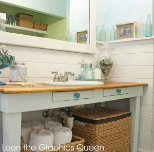 rustic bathroom with green knobs