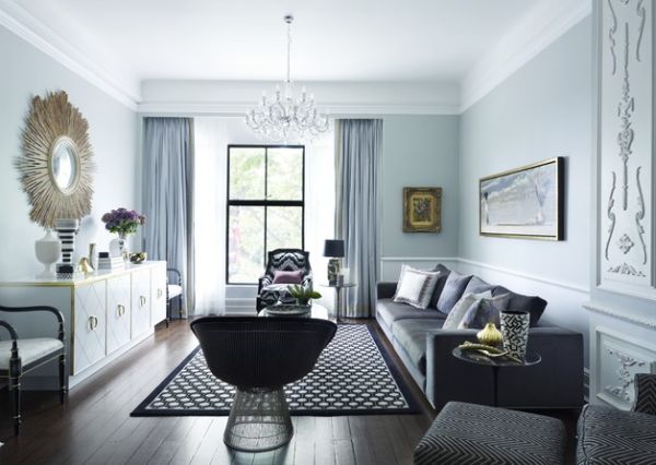 circles make this room feel soft - the mirror, rug design and even the base of the chair