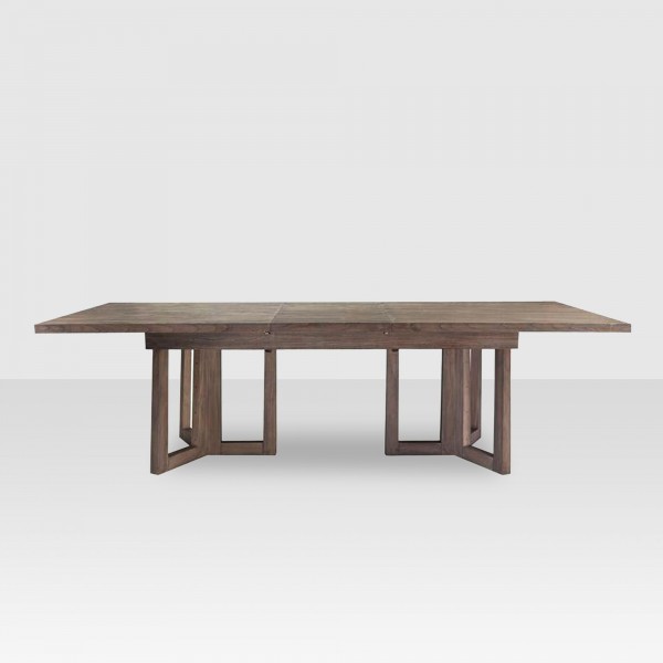  This solid oak extension table from ELTE has beautiful architectural lines and an easy care rustic finish. The extension leaf is a comfortable 20" wide. 