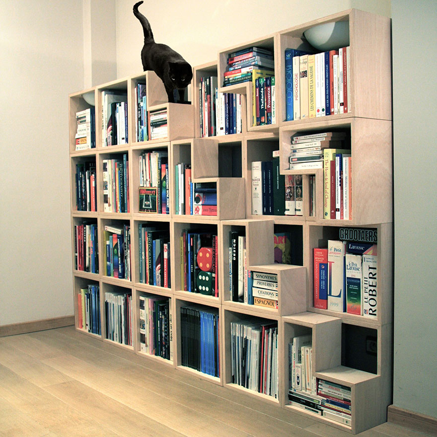  Stairs for the cat to get to the top this way is ingenious so they can hopefully avoid messing up the bookshelves getting there. 