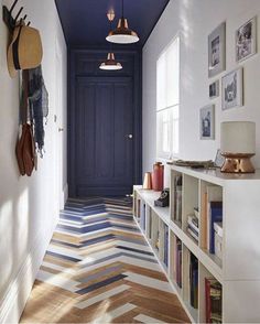 One of my favourite ways to add colour in a long hall - one wall and the ceiling! Brilliant!