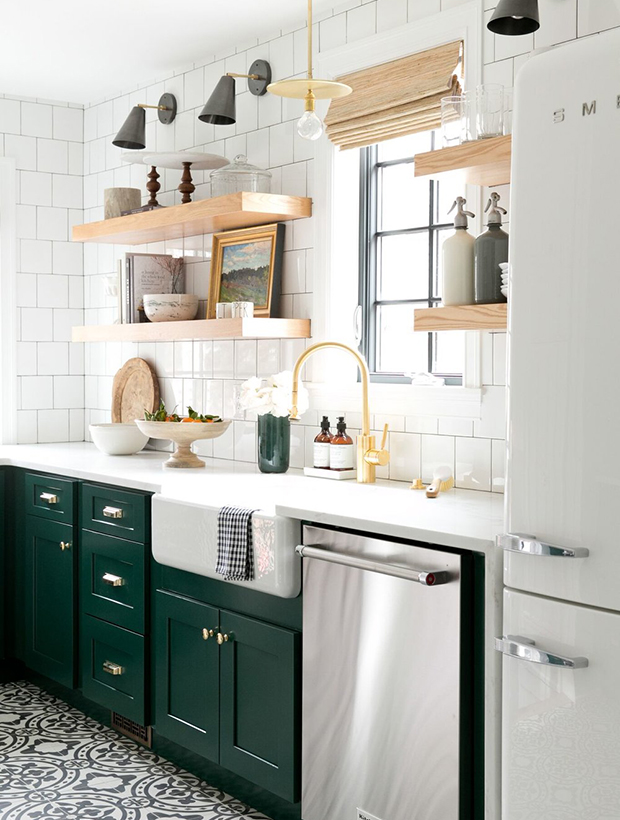 18-greenkitchens-Modern-Vintage-Kitchen-with-cabinets-in-Benjamin-Moores-Forest-Green-open-shelving-and-cement-tile.jpg