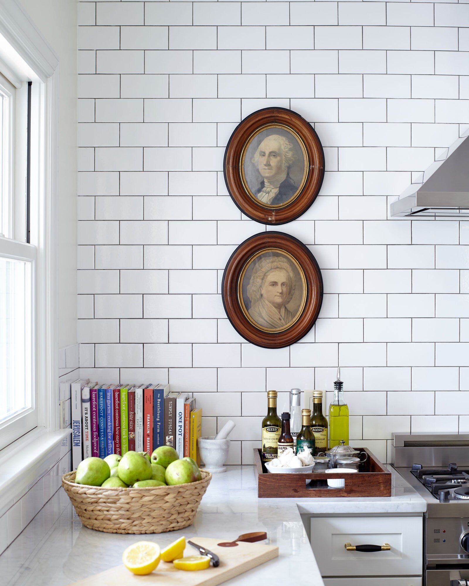 vintage artwork is so trendy right now to have on the walls of your kitchen - see if you can dig anything up from your basement even